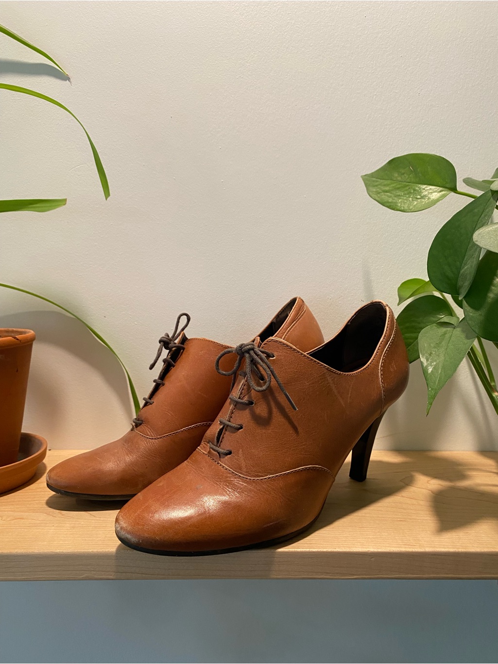 Minelli Tan Leather Lace-Up Heeled Oxford 38eu